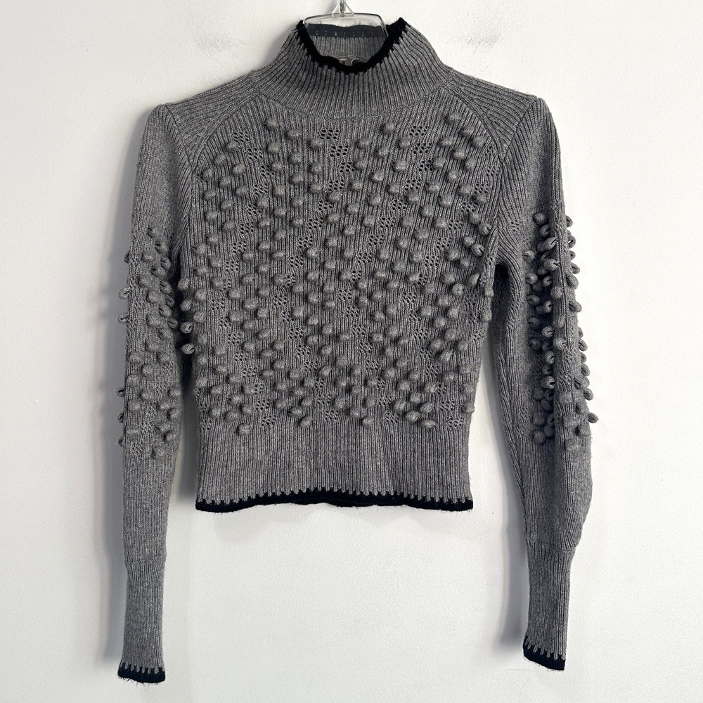 BCBGMaxazria‎ Mock Neck Sweater XS Gray Popcorn Stitch Merino Wool Blend NWOT